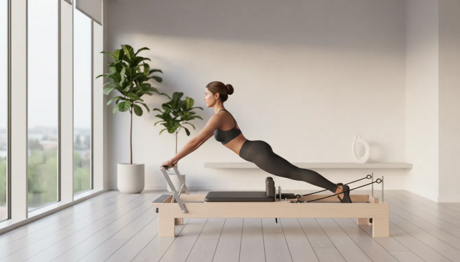 Profissional do studio demonstrando exercício de pilates