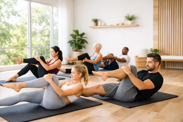 Sessão de pilates em grupo no Studio Isabela Passos